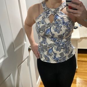 White House Black Market - Blue/Tan/Black Paisley Cutout Halter Top - Size 0